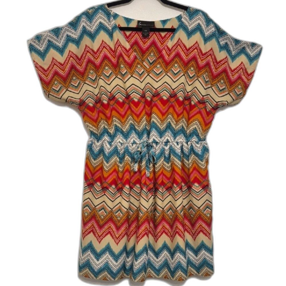 Lane Bryant Chevron Print Mini Dress 14 / 16 in Beige, Turquoise & Pink Boho